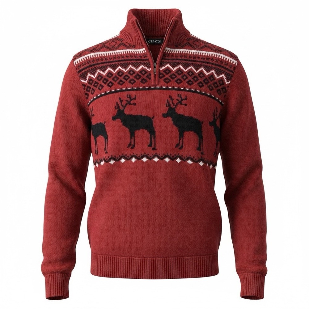 Fair Isle Nordic Sweater Mens Medium Red 1/4 Zip Chaps Reindeer Elk Ski Cotton